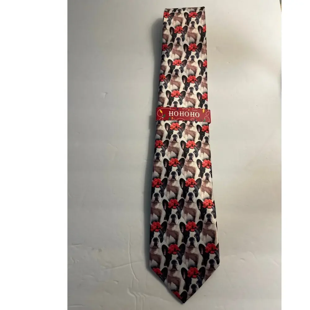 French Bulldog With Red Bow Necktie Festive Dog Print Novelty Tie HoHoHo